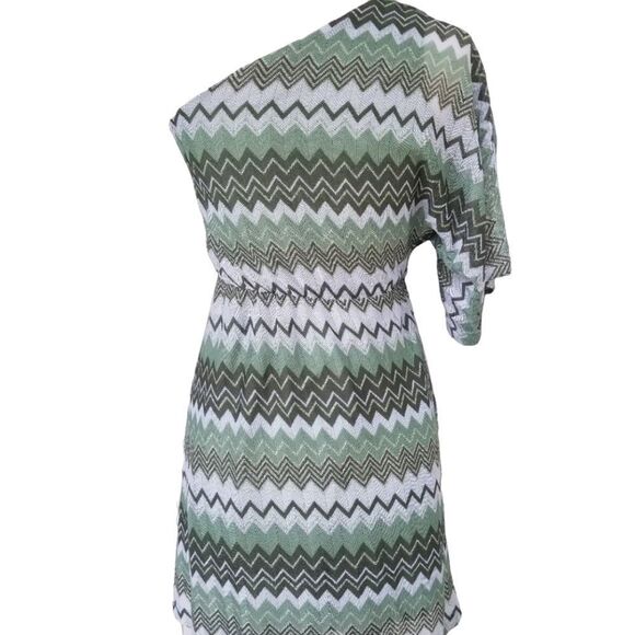 One Shoulder Green Zig Zag Striped Y2K 90s Mini Dress Size XS - Picture 8 of 10